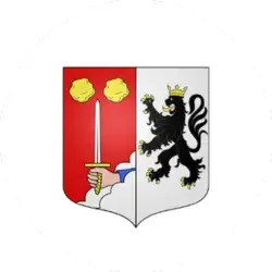 Blason de Grostenquin : écu partagé rouge et blanc avec épée, fleurs dorées et lion noir couronné, symbolisant la ville sponsor de Respir'Coraux.