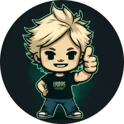 Logo de Aymeric Fischer, développeur web, sponsor de Respir'Coraux : personnage chibi souriant aux cheveux blonds et yeux verts, t-shirt noir, sur fond sombre.